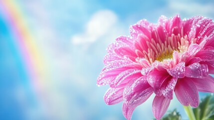 Beautiful pink chrysanthemum flower with dew and a rainbow on a blue sky background.