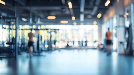 Blurred modern fitness studio with athletes in the background