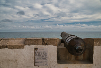 Old original cannon the Baluard, which defended the coast of Sitges, Barcelona Spain. 