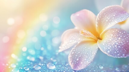 Fototapeta premium Beautiful white frangipani flower with dew and a rainbow background. Close-up macro photo of a delicate