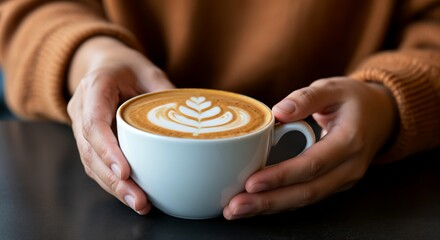 Warm cup of latte with leaf latte art held by hands on dark table