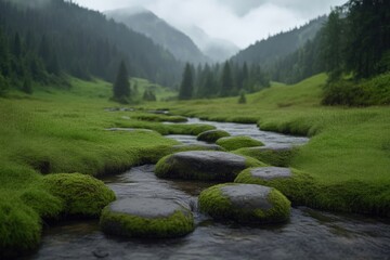 Obraz premium Serene mountain stream meanders through a lush valley, moss-covered stones and a misty mountain backdrop