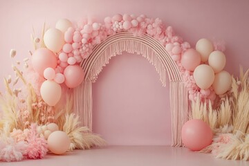 Pastel pink backdrop with balloons pampas grass and macrame