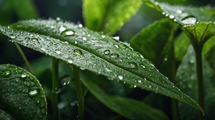 Close-up macro shot of plant leaves adorned with water droplets, showcasing a fresh green color