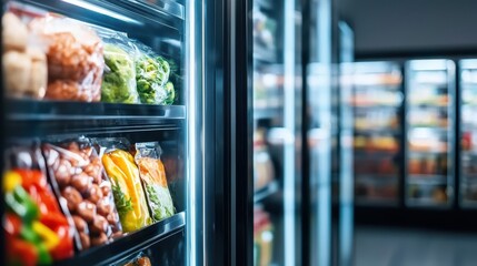 A modern refrigerated display showcasing a variety of fresh vegetables and packaged foods in a grocery store setting.