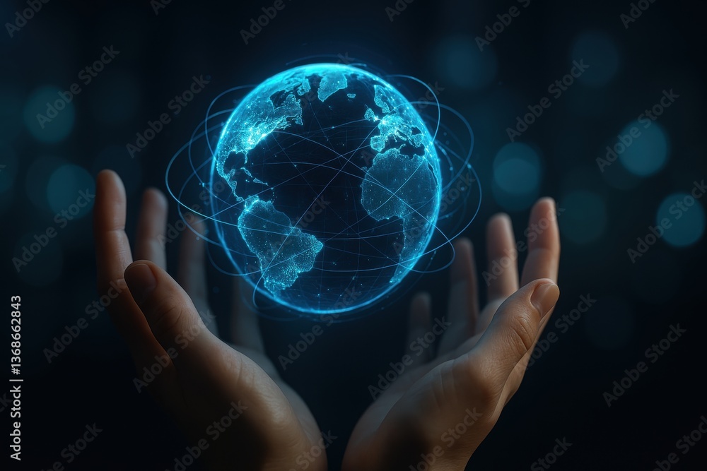 Poster holding the world: a pair of hands cradles a glowing digital rendering of the earth, signifying glob