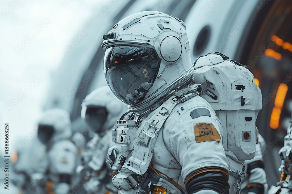 Aufkleber team of astronauts in white spacesuits exploring snowy alien planet in front of futuristic spacecraf