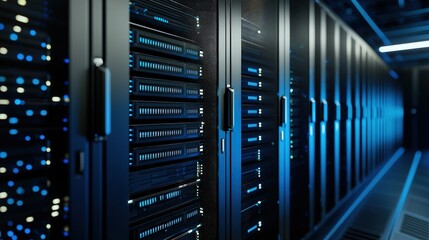 Close-up of illuminated server cabinets in a secure data center with glowing blue lighting. Great for cloud infrastructure, AI tech, and secure network environments