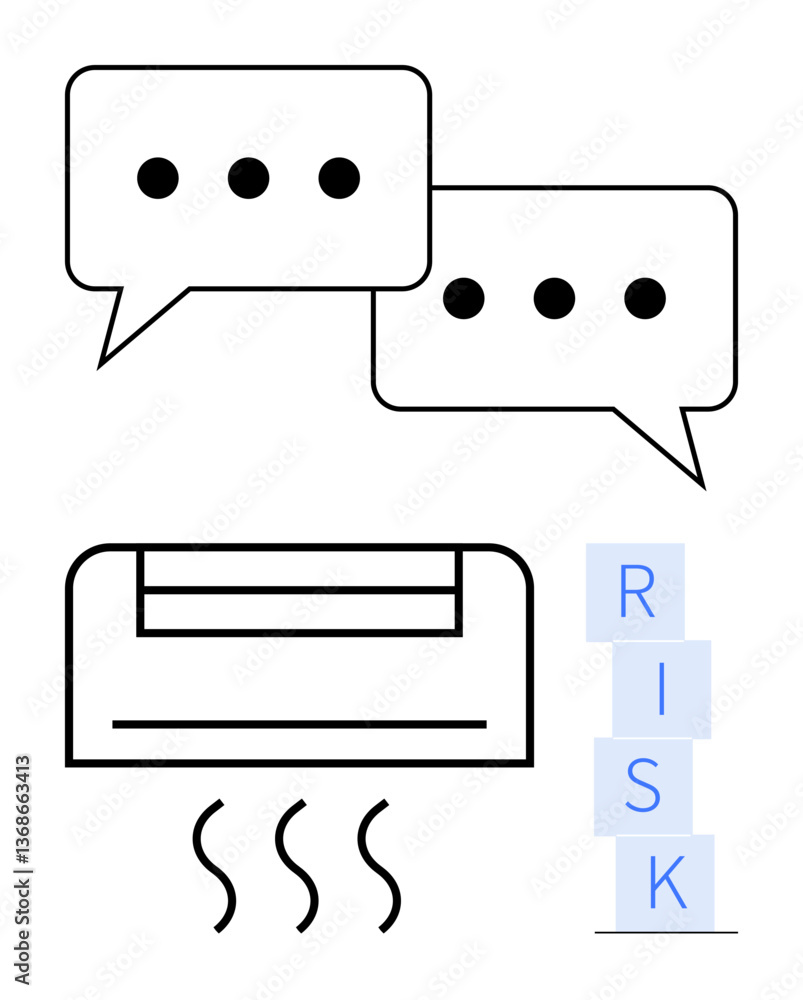 Poster speech bubbles, air conditioning unit emitting air, and stacked risk blocks symbolize communication,