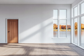 Obraz premium Empty room interior with wood floor brown door and autumn lake view