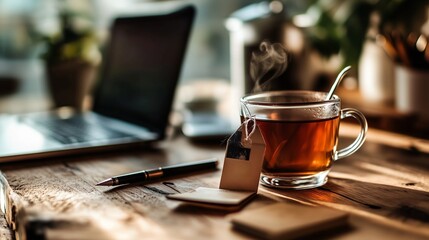 Warm cup of tea on a wooden table beside a laptop and stationery in a cozy workspace during afternoon light