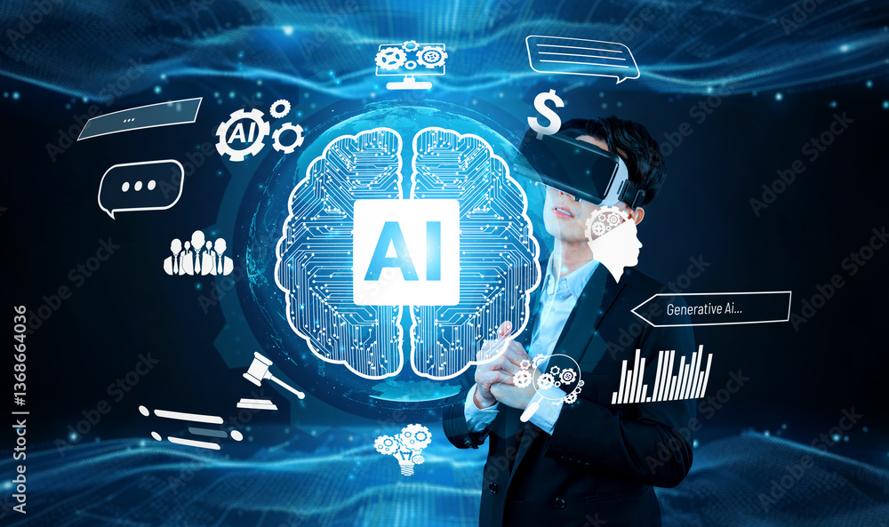 Poster smart businessman wearing suit and vr goggle while using ai assistance planning plan. project manage