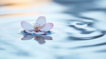 A single cherry blossom petal drifting on calm water.
