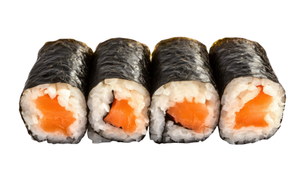 Four salmon maki sushi rolls on transparent background, food photography
