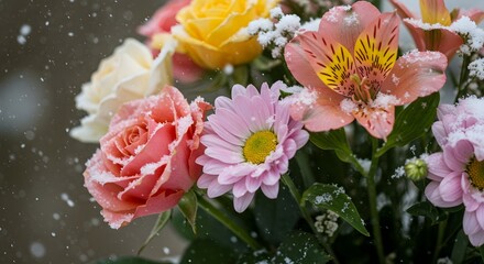 Fototapeta premium Snow-Covered Tulips and Roses in Winter Bloom, colorful flowers in snow, Winter Floral Photography, Frozen Tulips and Roses with Snowflakes - Winter Flowers