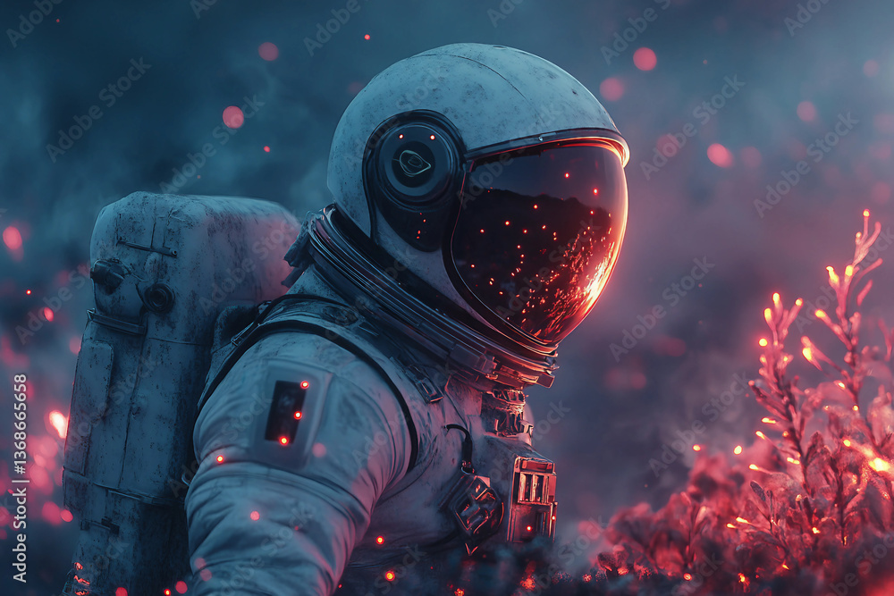 Aufkleber team of astronauts in white spacesuits exploring snowy alien planet in front of futuristic spacecraf