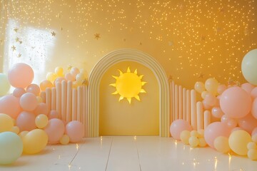Pastel yellow theme with sun balloons stars lights and cake smash concept