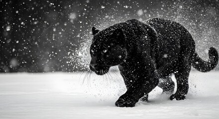 Black Panther Running Through Snow in Winter Forest, Majestic Panther Action Shot in Snowy Wilderness, black panther in snow