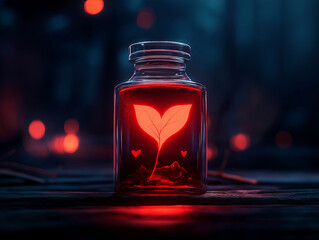 Enchanted glass jar with magical glowing red plant sprout and floating hearts. Romantic fantasy art with love potion