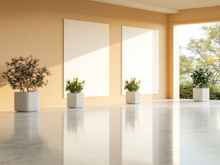 Obraz premium Bright contemporary room features flowerpots artwork and glossy floor