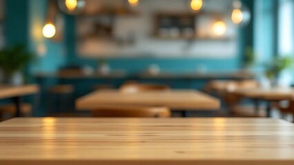 A warm, inviting cafe scene with a focus on a smooth, light wood table, softly lit by hanging lamps in a teal and gold interior.