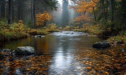 Fototapeta premium Serene autumn stream flows through forest.