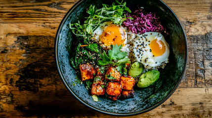 Bird's eye view of a delicious meal served in a bowl on a wooden table, showcasing vibrant ingredients and a well-presented dish