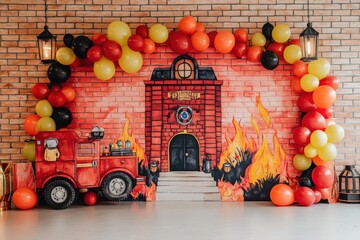 Firefighterthemed photography backdrop with vintage and colorful elements