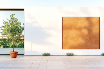 Modern architecture exterior with wall art and potted tree on patio