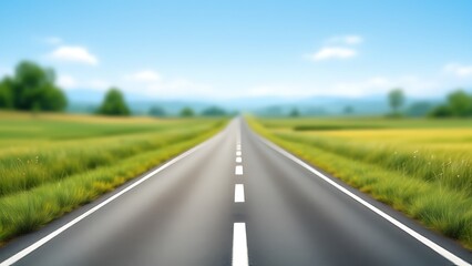 Fototapeta premium An open road journey ahead, promising adventure and freedom under a bright summer sky, with soft focus and vibrant green fields.