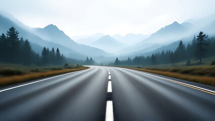 Fototapeta premium An open road winding through misty mountains, promising adventure and the thrill of the unknown journey under a soft, hazy sky.