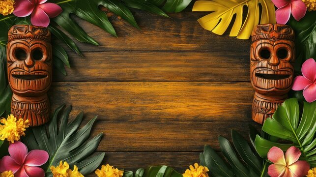 Tiki background with wooden tiki mask and tropical flowers on a dark yellow wood texture, a Hawaii theme for a party or menu design.