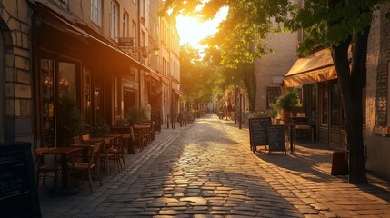 Fototapeta premium A sunlit European street filled with cobblestones and vintage cafes