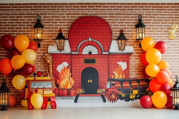 Firefighterthemed photography backdrop with vintage and colorful elements