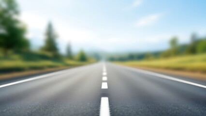 An open road beckoning adventure under a bright summer sky, a journey of possibilities stretching towards a blurred horizon of green hills and trees.