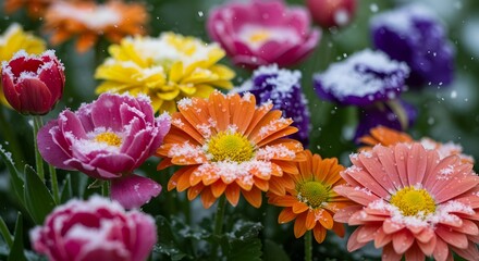 Snow-Covered Tulips and Roses in Winter Bloom, colorful flowers in snow, Winter Floral Photography, Frozen Tulips and Roses with Snowflakes - Winter Flowers