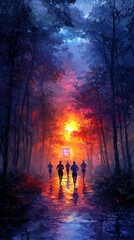 Fototapeta premium Runners race towards vibrant sunset forest path