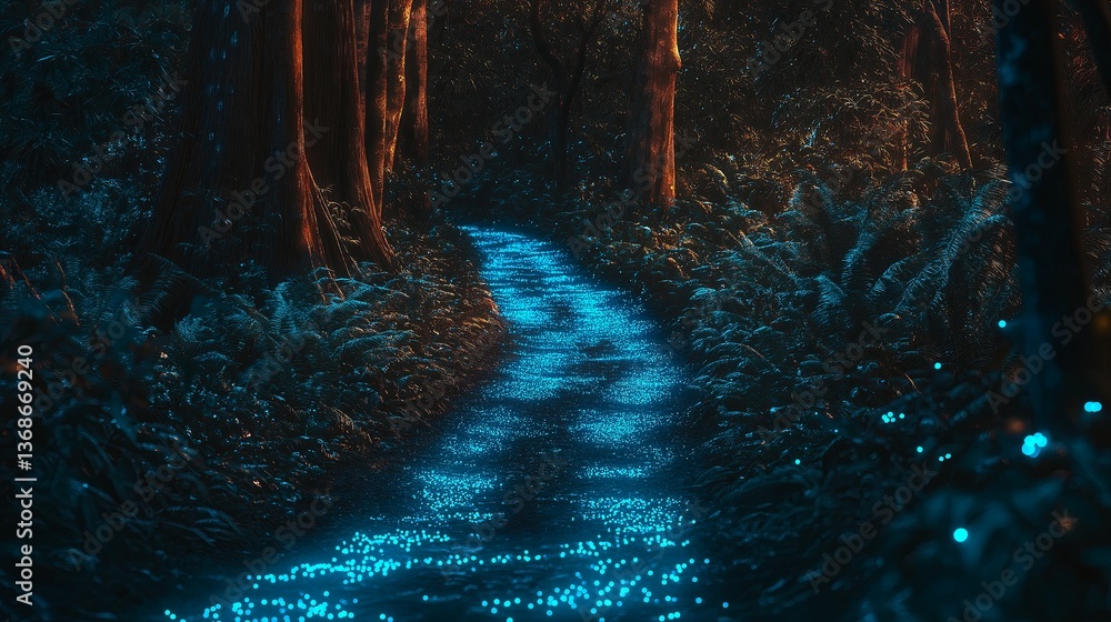 Poster a surreal forest where trees have bioluminescent leaves