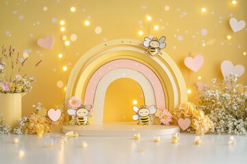 Pastel photography backdrop with bees flowers and rainbow