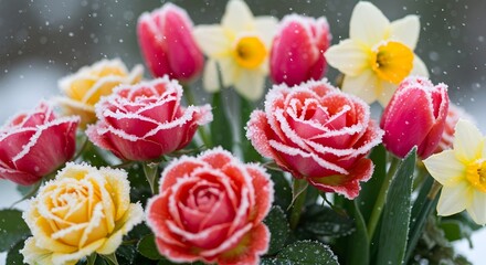 Snow-Covered Tulips and Roses in Winter Bloom, colorful flowers in snow, Winter Floral Photography, Frozen Tulips and Roses with Snowflakes - Winter Flowers