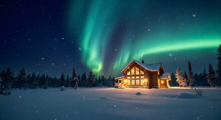 Naklejka premium Cozy Log Cabin Under Northern Lights in Winter Night, wooden cottage under northern lights, Aurora Borealis and Snowy Cabin Wonderland Scene