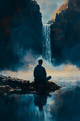 Obraz premium Meditation by the water A person sits by a waterfall, lake or sea, with an aura effect that seems to connect them with nature.
