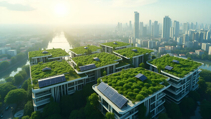 Obraz premium Photo Realistic Overhead City View: Green Roofs & Solar Panels for Sustainable Architecture