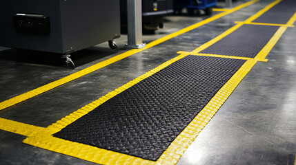 A clean factory floor features black anti-fatigue mats bordered by bright yellow safety lines for designated walking or standing zones.