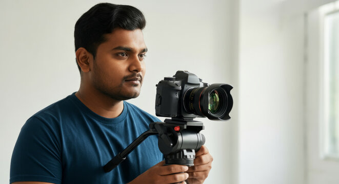 Young asian male photographer holding camera on tripod in bright studio