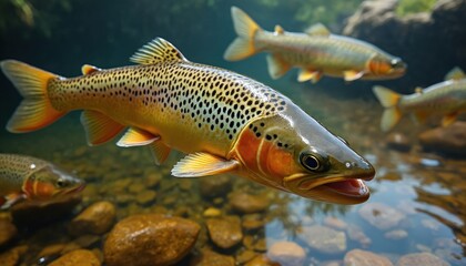 Fototapeta premium Underwater shot of brown trout swimming in clear freshwater. Fish showcases detailed scales, natural habitat. Wildlife, aquatic life, riverbed scenes. Vibrant colors, detailed scales, true nature art.