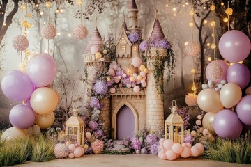 Enchanted forest themed photography backdrop with whimsical Rapunzel tower
