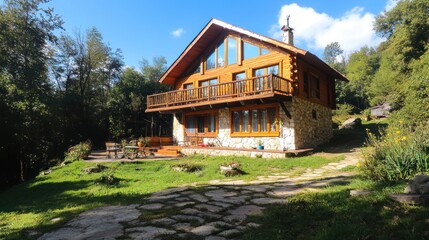 A beautiful wooden house nestled among the green trees and grass