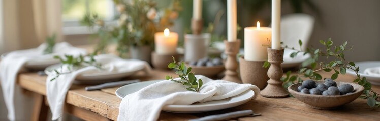 Rustic eco-friendly wedding decor. Wooden table with linen napkins, candles, branches with green leaves. Romantic, cozy place setting for special dinner. Zero waste, sustainable event. Beautiful