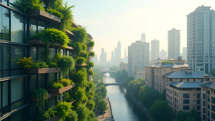 Obraz premium Urban Sustainability: Aerial Cityscape with Vertical Gardens & Rainwater Harvesting - Photo Stock